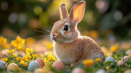 Fototapeta premium Adorable Easter bunny amidst colorful eggs in a garden bathed in sunlight