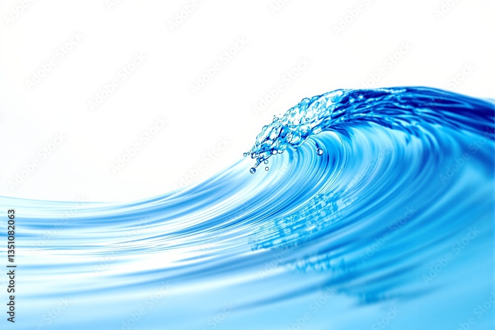 Poster abstract water wave with splashing droplets on a white background, showcasing a creative and dynamic
