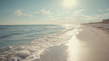 Serene Coastal Scene Ocean Waves on Sandy Shore Under Sunny Sky