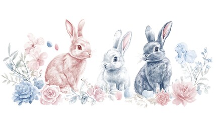 Obraz premium Pastel Rabbits Spring Floral Design.