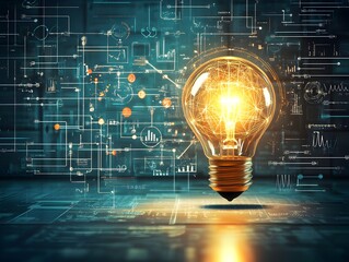 A glowing lightbulb with intricate circuitry and data visualizations represents innovation and technological breakthroughs in a dark setting.