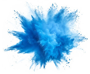 A vibrant blue powder explosion against a stark black background shot