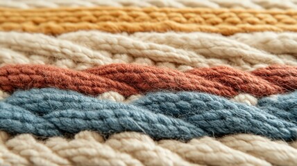 Fototapeta premium Close-Up of Textured Knit Fabric with Horizontal Stripes in Beige, Mustard Yellow, Rust Orange, and Dusty Blue