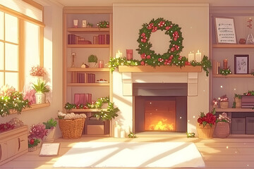 Cozy Christmas living room scene with fireplace, bookshelves, plants, and sunlight streaming through the window. Perfect for holiday cards, websites, or blogs.