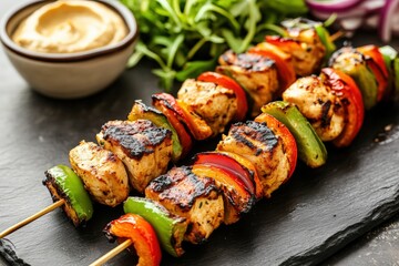 A large serving of mixed kebab platter featuring lamb, chicken, and beef skewers with garlic sauce and warm flatbread on a wooden board
