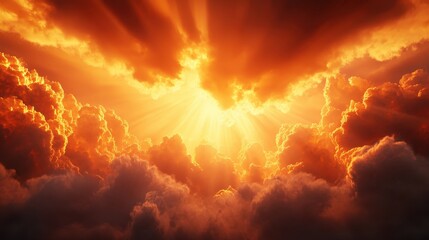 Fototapeta premium A breathtaking view of radiant sunlight illuminating clouds, creating a dramatic sky filled with orange and gold hues.