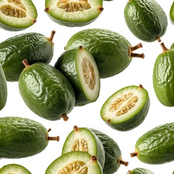 Feijoa Fruit Flying in Air, Isolated on White Background