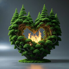Surreal 3D heart of interwoven green trees, glowing with natural light on a gray background