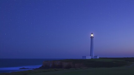 Fototapeta premium Serene Night Seascape with Illuminated Lighthouse Under Starry Sky