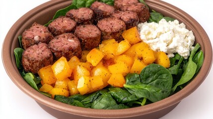 Healthy Grilled Sausage and Spinach Bowl with Roasted Peppers and Cheese
