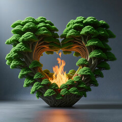 Surreal 3D heart of interwoven green trees, glowing with natural light on a gray background