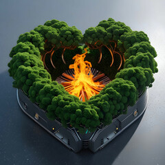 Surreal 3D heart of interwoven green trees, glowing with natural light on a gray background