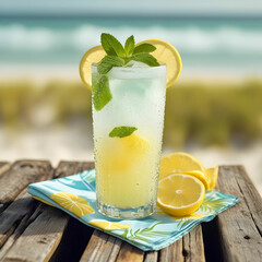 Refreshing summer drink with ice, citrus slices, and mint, perfect for hot sunny days