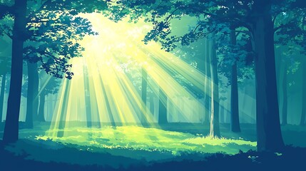 Sunbeams in Lush Green Forest.