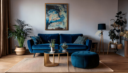 Luxury and modern home interior with design green sofa, navy commode, tables, pouf and accessroies. A lot of plants in the room. Abstract painting. Stylish decor of living room with brown parquet.