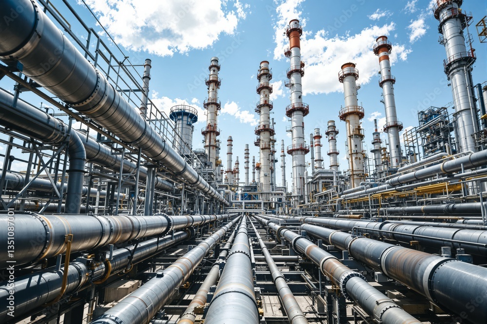 Poster large oil refinery with intricate pipeline networks and towering distillation columns against a brig