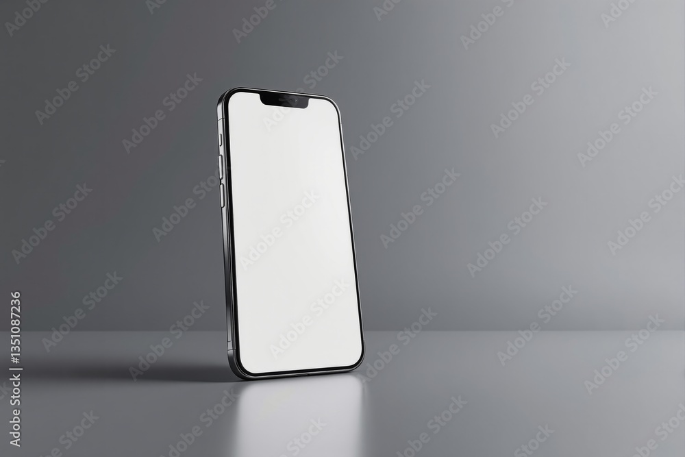 Poster modern smartphone with blank screen standing on a smooth surface against a grey background, ideal fo