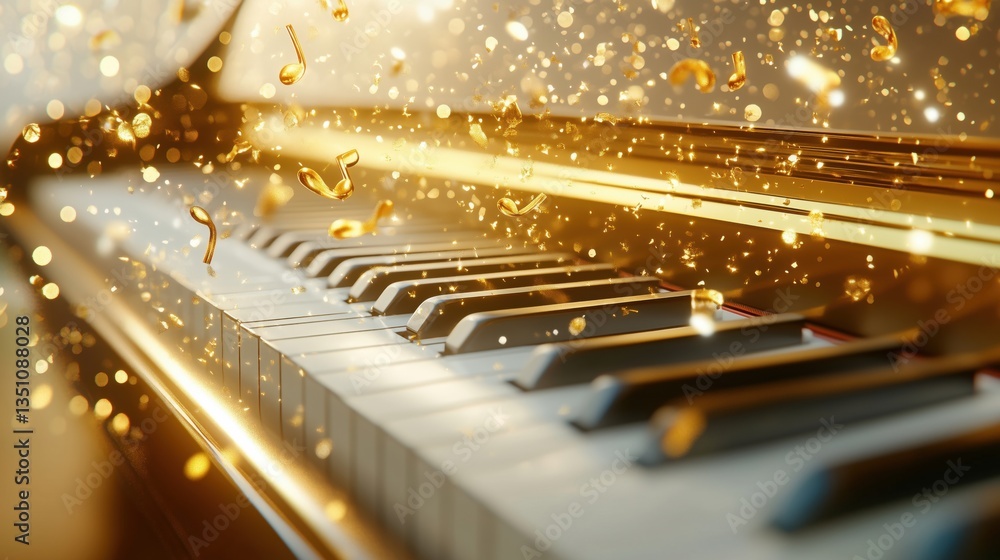 Poster piano keys with floating musical notes and golden sparkles creating a magical atmosphere
