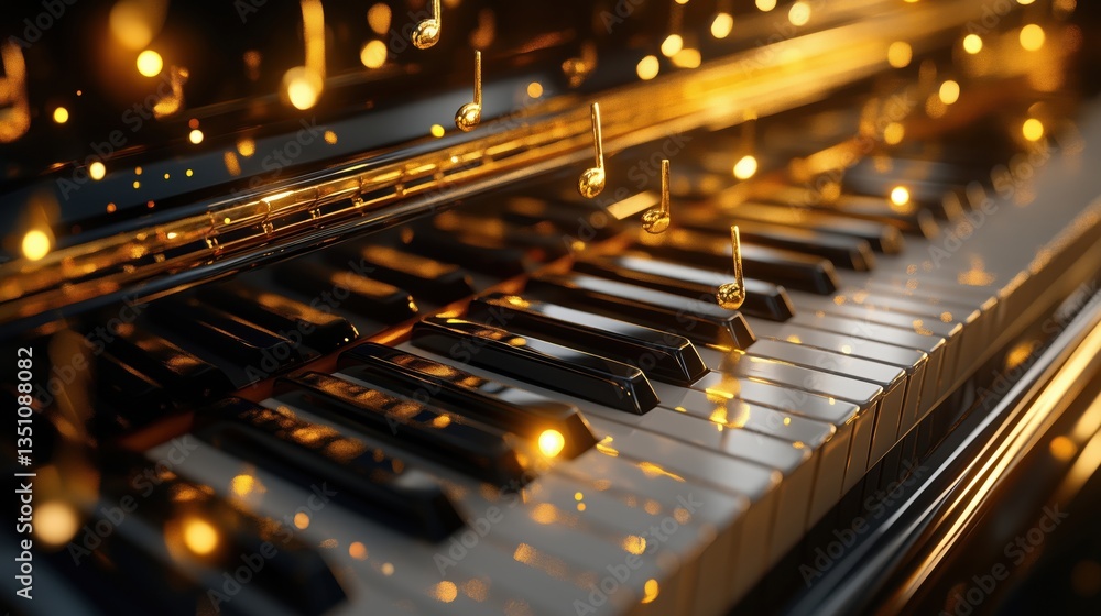 Poster piano keys illuminated by floating musical notes and golden lights in a vibrant setting