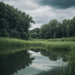 Obraz premium Serene River Reflection in Lush Green Forest
