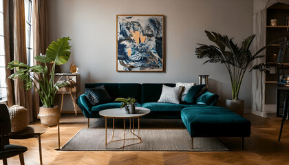 Luxury and modern home interior with design green sofa, navy commode, tables, pouf and accessroies. A lot of plants in the room. Abstract painting. Stylish decor of living room with brown parquet.