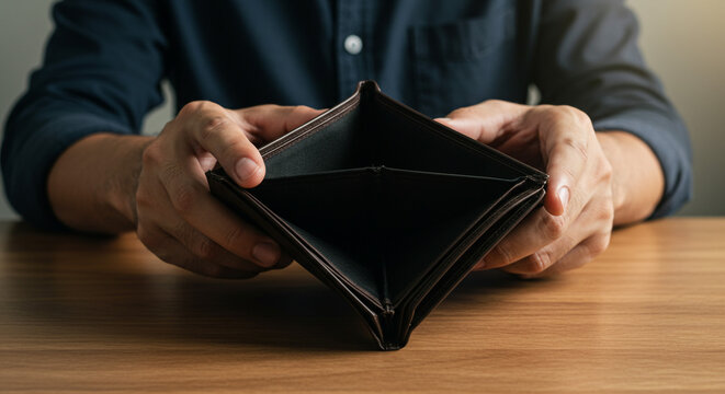Empty wallet, a silent story of financial hardship and uncertainty, revealed in soft, warm lighting on a wooden table.
