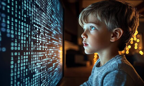Child focused on a glowing computer screen displaying binary code