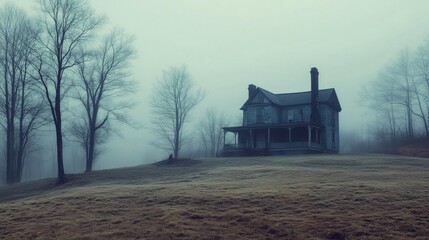 Mysterious foggy landscape featuring an old house on a hill surrounded by trees