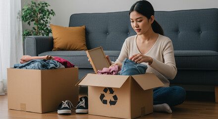 A thoughtful young woman carefully sorts through and packs her clothes into donation boxes, embracing sustainable living in her cozy home, with soft natural light illuminating the scene.