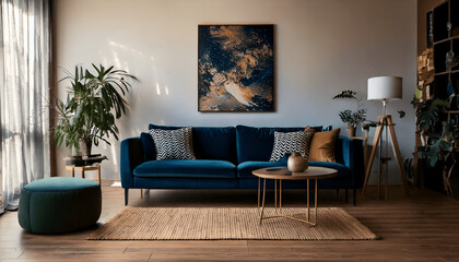 Luxury and modern home interior with design green sofa, navy commode, tables, pouf and accessroies. A lot of plants in the room. Abstract painting. Stylish decor of living room with brown parquet.