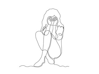 Abstract girl,woman crying, covering her face with her hands, victim of violence, abuse, continuous single one line art hand drawing sketch logo
