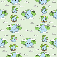 Earth cartoon seamless pattern background. Earth doodle illustration. Earth cartoon background. Perfect for fabric, textile, wallpaper, decor, shirt, illustration, print, packaging