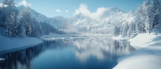 Winter's cold breath paints a blue landscape. Snow blankets the mountains, trees stand by an icy lake, a pure nature scene.
