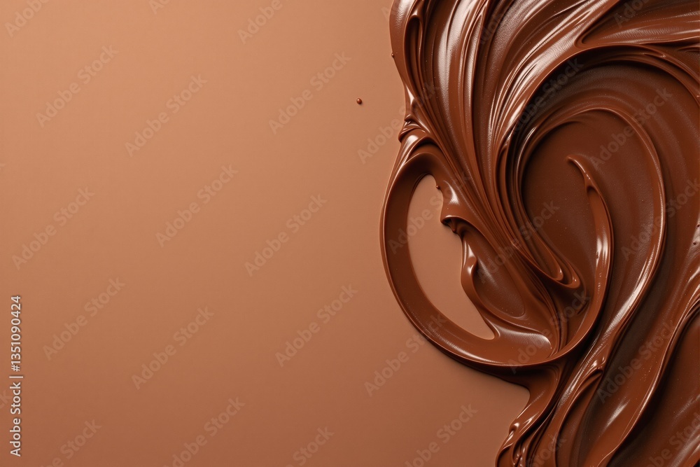 Poster swirling melted chocolate with glossy texture on a smooth brown background, creating a creative abst
