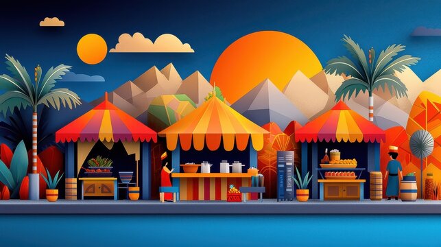 Vibrant desert landscape at sunset! Market stalls and tents dot the scene, framed by pyramids and palms, showcasing a mesmerizing array of colors.
