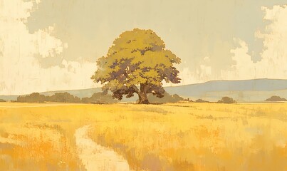 An anime-style illustration of a golden tree in an endless wheat field with a path and strong yellow contrast against a light gray background