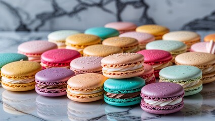 Fototapeta premium A meticulously arranged display of vibrant macarons, each one a burst of color against the elegant marble backdrop. The light delicately highlights the intricate details of these delectable treats