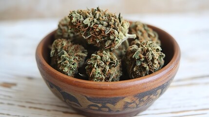 Fototapeta premium A rustic brown bowl overflows with fragrant cannabis buds ready for medicinal or recreational use on a weathered white wooden surface.