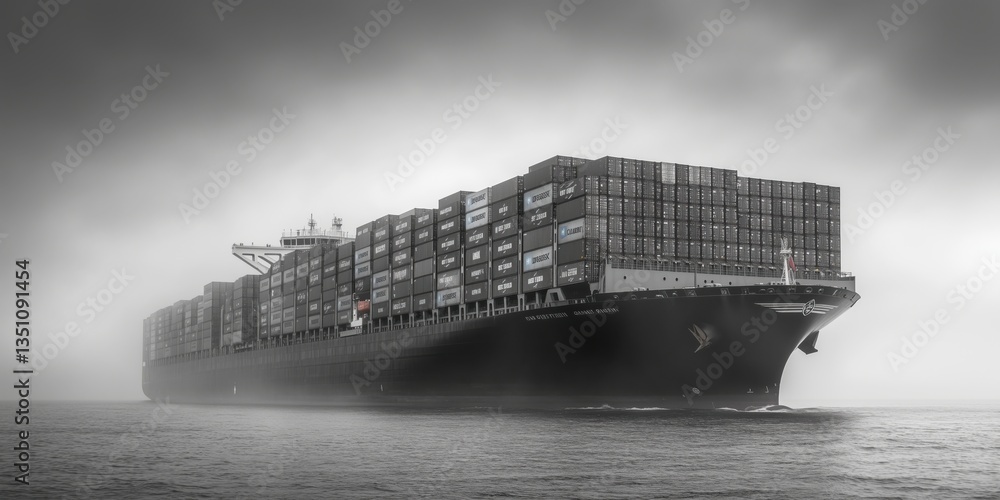 Poster massive container ship navigating through foggy waters with stacked cargo containers