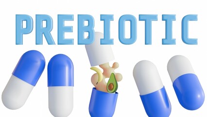 The 3D rendering of 'PREBIOTIC' appears chaotic, as objects are scattered around the central word.