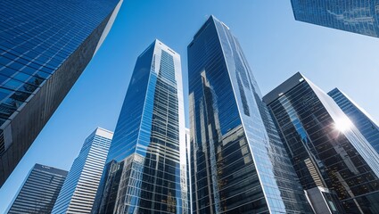 Captured from a dynamic angle, the towering skyscrapers stand tall against the clear blue sky, their sleek and modern architecture gleaming in the daylight. 