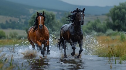 Two horses galloping through a shallow stream in a lush green landscape under a cloudy sky