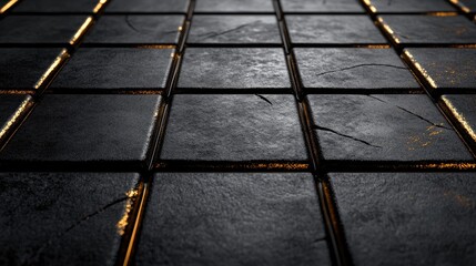 Dark stone floor tiles, perspective view, glowing edges, detailed texture, abstract background, design element, use in architecture, product mockup