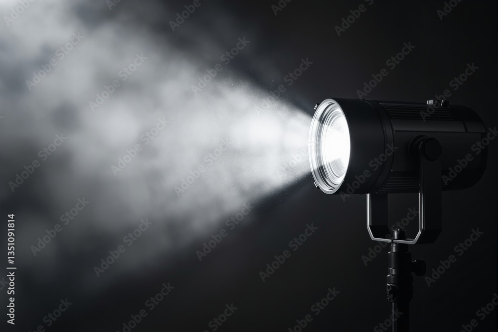 Aufkleber studio spotlight projecting a bright beam with visible light rays in a moody dark background. concep