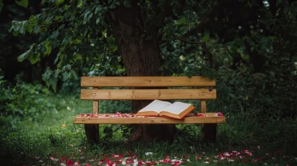 Tranquil Garden Scene Open Book on Wooden Bench