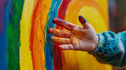 Obraz premium Child's hand painting rainbow mural outdoors