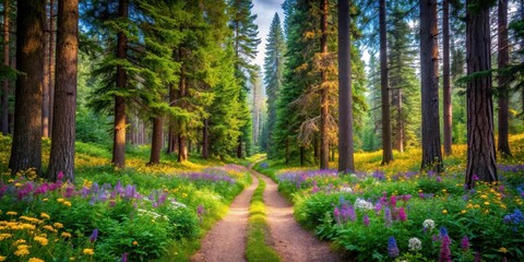 A serene forest trail lined with vibrant wildflowers and towering evergreen trees providing a peaceful atmosphere, beauty nature scenery tranquil park path flowers trees shaded, outdoor haven
