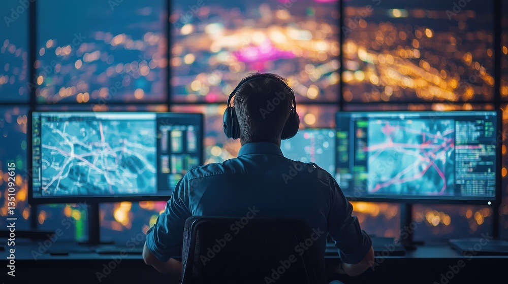 Poster data analyst working late at night with multiple monitors and city skyline view