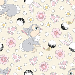 Cute bunny play golf vector seamless pattern. Sporty Easter Spring background.