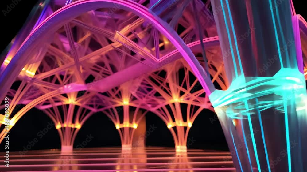 Poster holographic projections showcase a printed structure with vibrant colors illuminating intricate arch